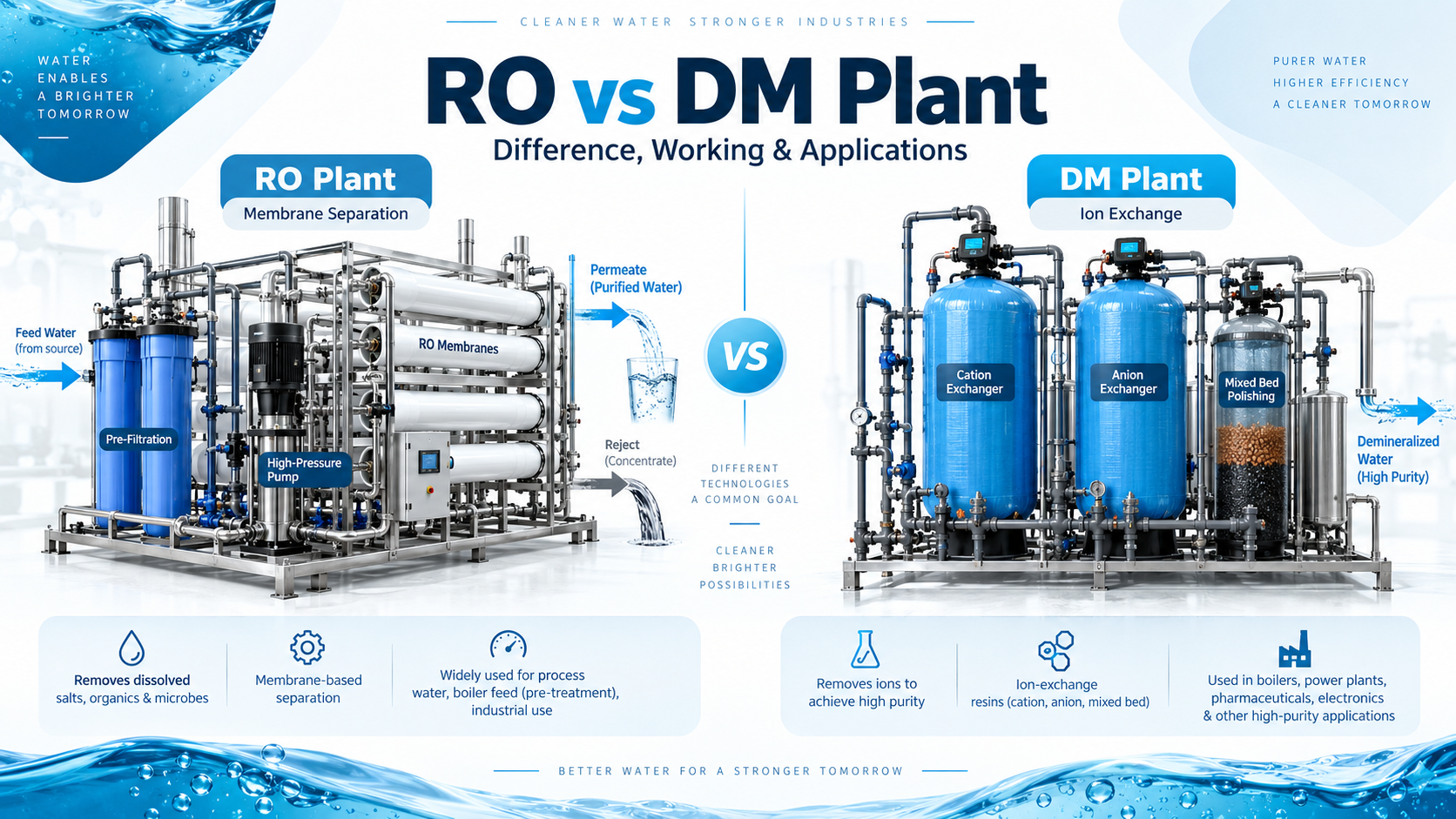 Home 7 RO vs DM Plant comparison showing reverse osmosis membrane treatment and ion exchange demineralization systems