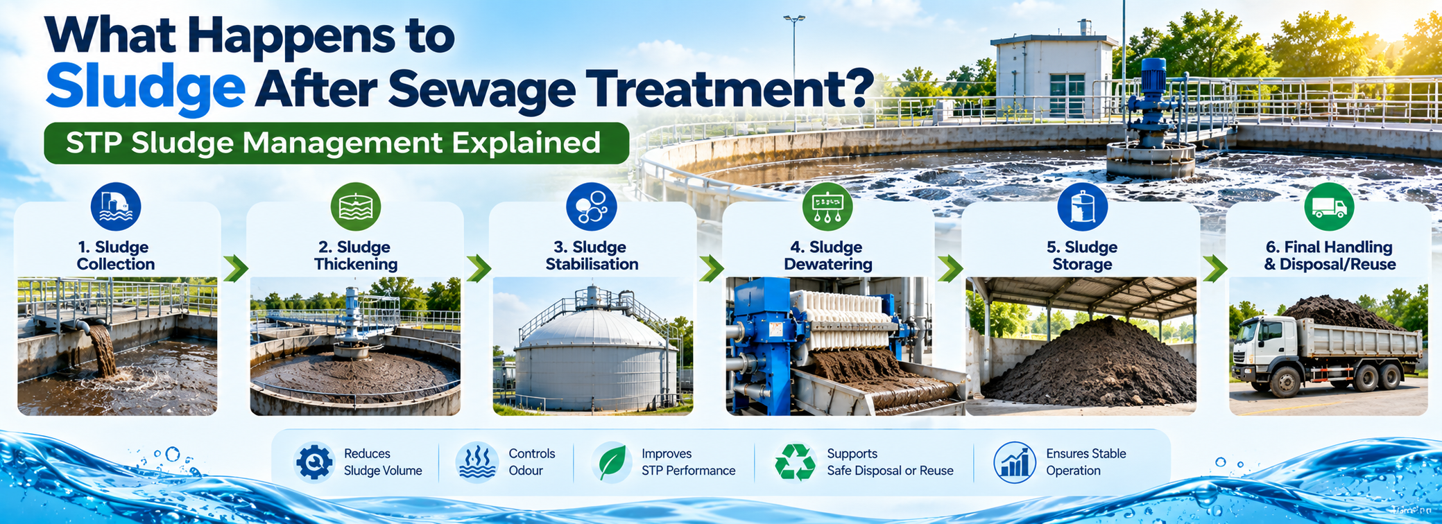 STP sludge management process after sewage treatment including collection, thickening, dewatering and disposal
